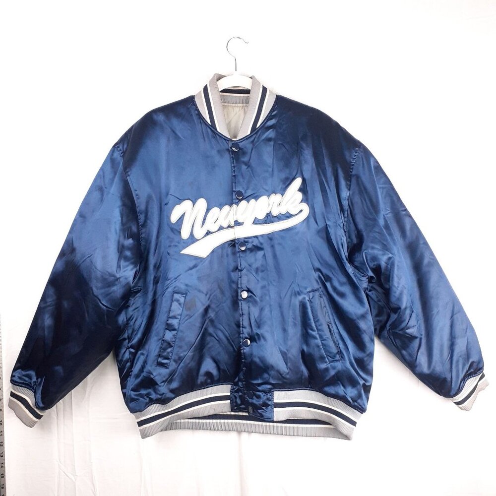 Vintage JH Design Mens Reversible Satin Jacket Newport Yankees Blue Gray Size XL